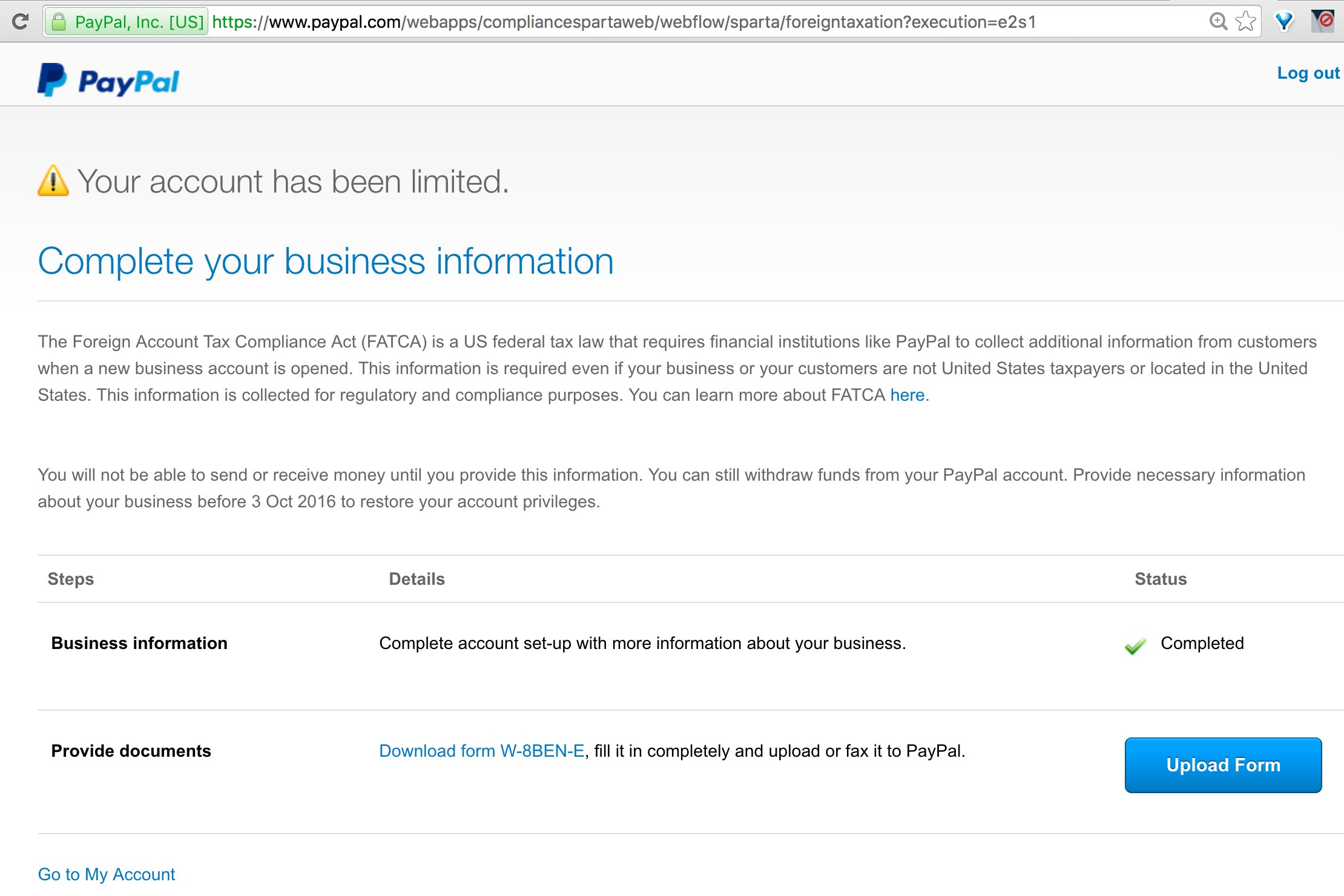PayPal - Your account has been limited - Complete your business information